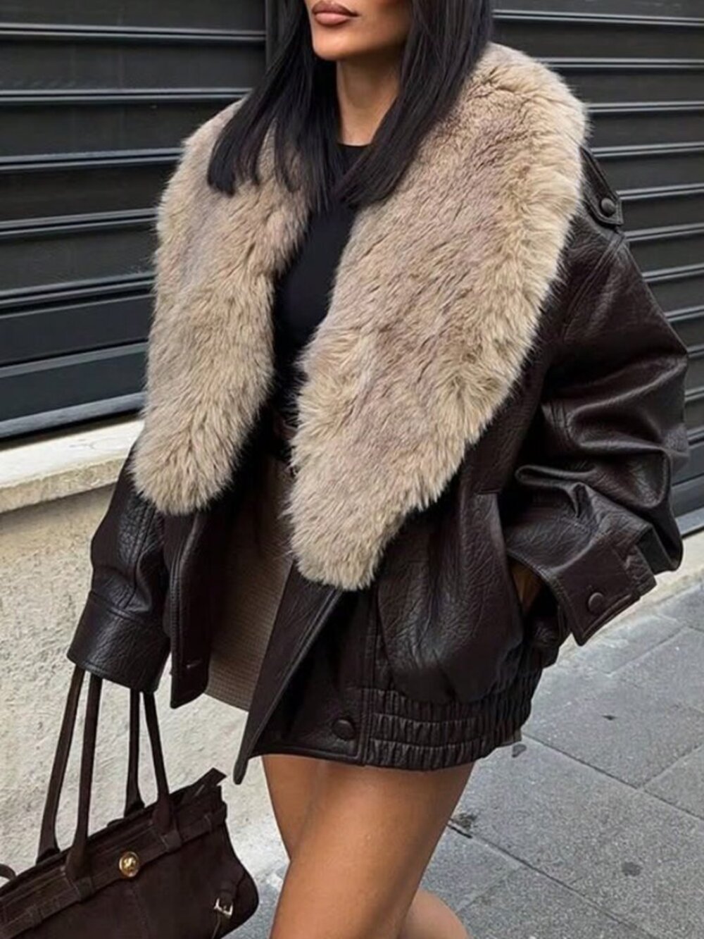 Chocolate Brown Casual Women's Faux Fur Reversible Jacket